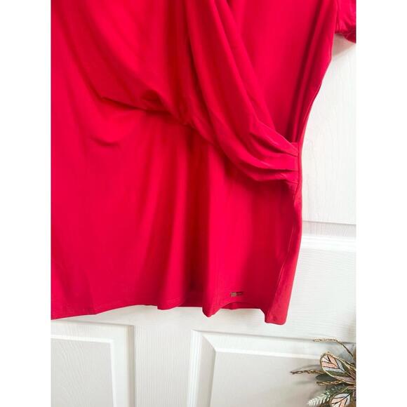 T TAHARI Blouse Size M Red Draped V Neck Short Sleeve Jersey Knit Faux Wrap Top - Picture 6 of 12